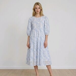 Review Dress Tropical Leaf‎ Blue White Embroidered Eyelet Cotton Boho Small